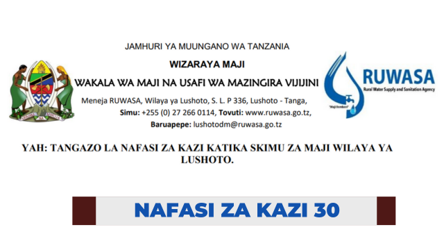 Ajira: 30 New Job Vacancies at RUWASA | Nafasi za kazi Ruwasa (CBWSOs), Latest