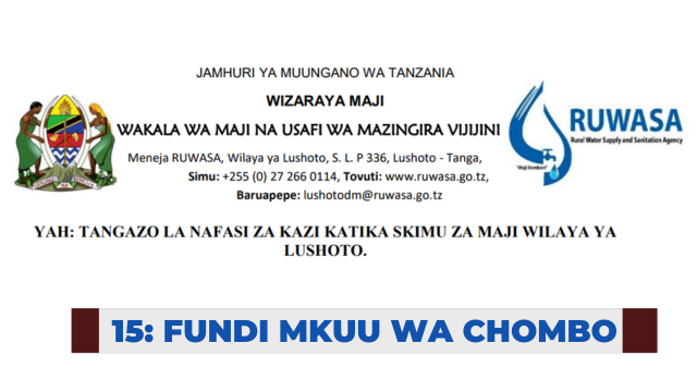 Ajira: Fundi Mkuu wa Chombo – Nafasi 15 at Ruwasa | Nafasi za kazi RUWASA (CBWSOs),