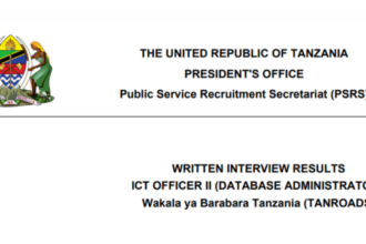 LIST: Written Interview Results DATABASE ADMINISTRATOR Wakala ya Barabara Tanzania (TANROADS)