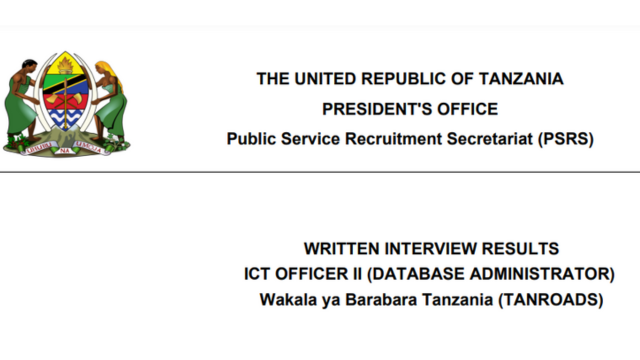 LIST: Written Interview Results DATABASE ADMINISTRATOR Wakala ya Barabara Tanzania (TANROADS)