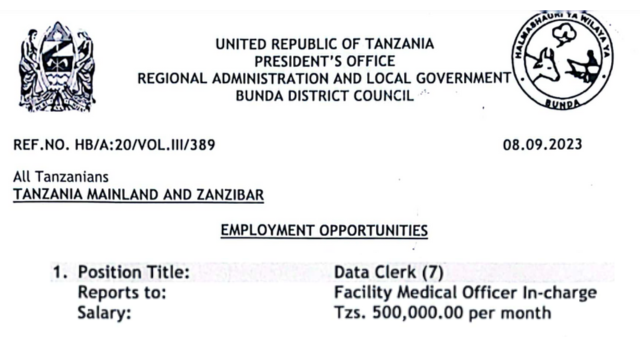 Data Clerk Jobs Opportunities at Bunda District - Nafasi za kazi Wilaya ya Bunda