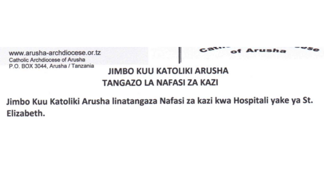 Jobs Opportunities at Jimbo Kuu Katoliki Arusha Archdiocese St Elizabeth Hospital