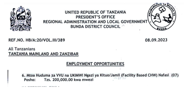 Mtoa Huduma Jobs Opportunities at Bunda District - Nafasi za kazi wilaya ya Bunda